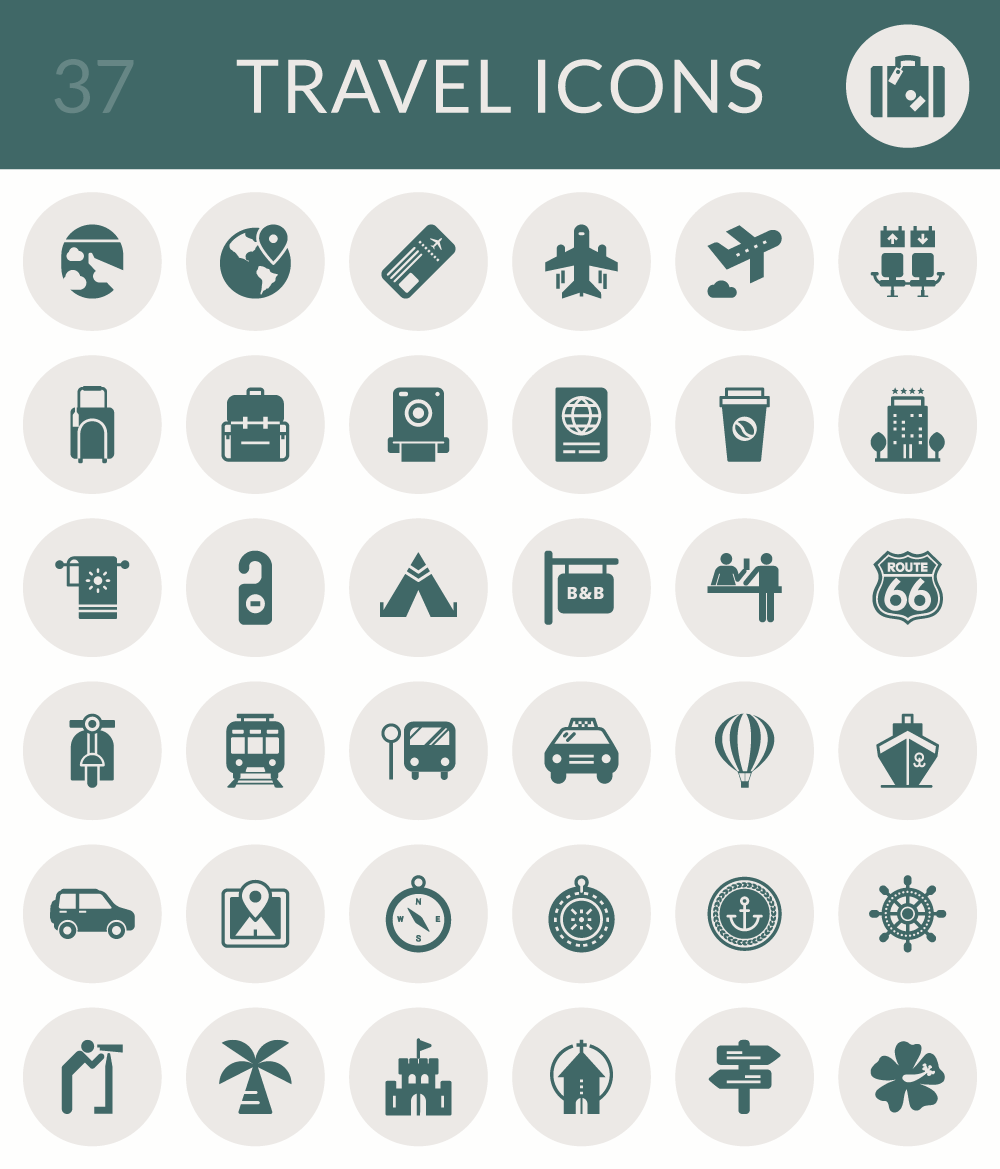 37 icônes en flat design sur le thème du voyage gratuites en exclusivité